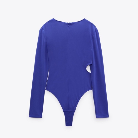 Zara Blue Long Sleeve Round Neck Knotted Cut Out Snap Closure Bodysuit Size S - Picture 4 of 5